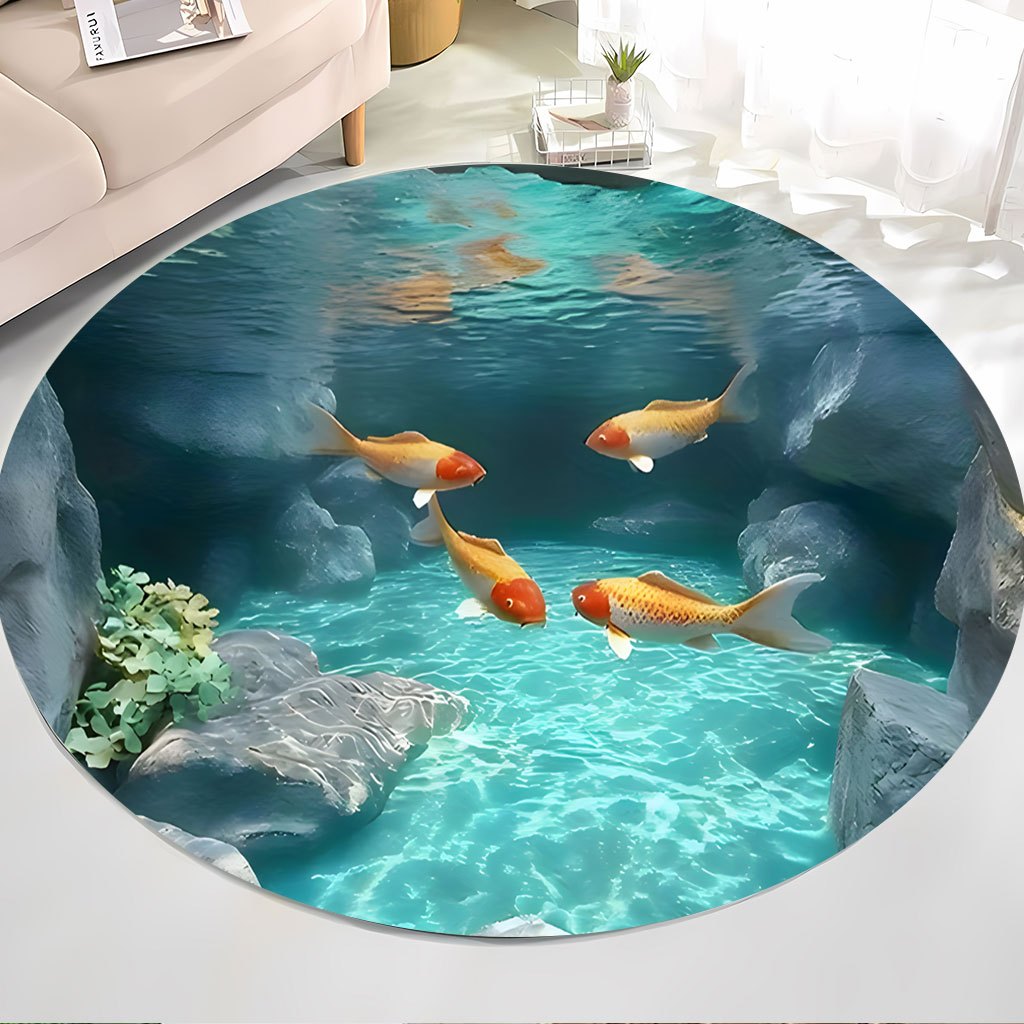 Koi Fish Pond Round Rug Fleece - Aquarium Fish Japanese のレビューと価格